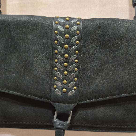 Lucky Brand Black Leather Studded Flap Sher Crossbody Bag Boho Small Purse - Picture 4 of 16